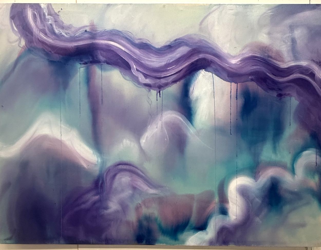 Large abstract canvas in violet, teal and white, with a rippling band running across the top