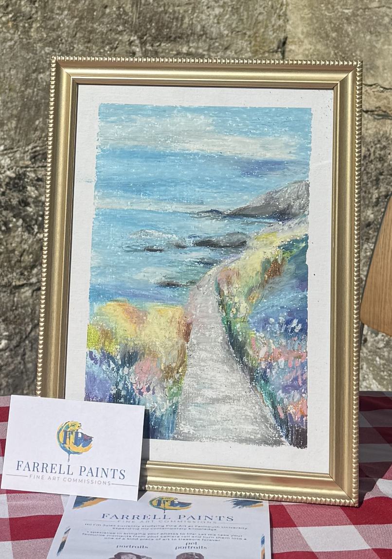 Framed oil pastel landscape of a chalk path leading down to a rocky blue coastline