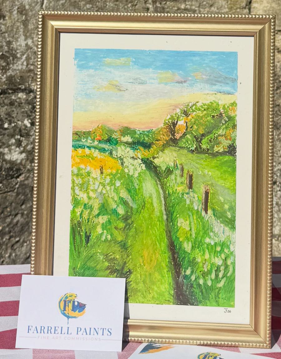 Framed oil pastel landscape of a green meadow path at sunset