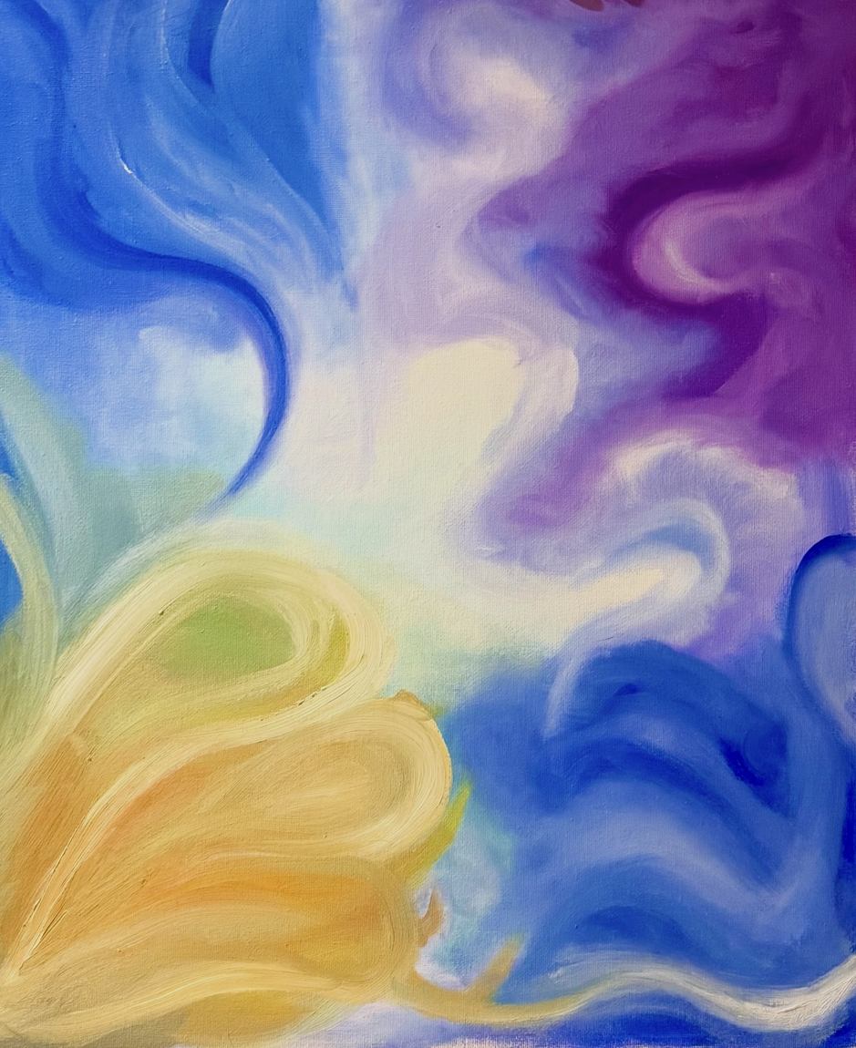 Abstract oil painting of blue, violet and gold swirls flowing across the canvas