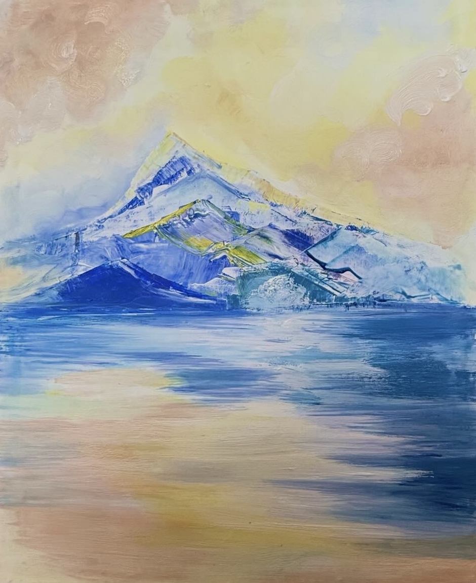 Acrylic landscape of a snow-covered mountain above still water under a pale gold sky