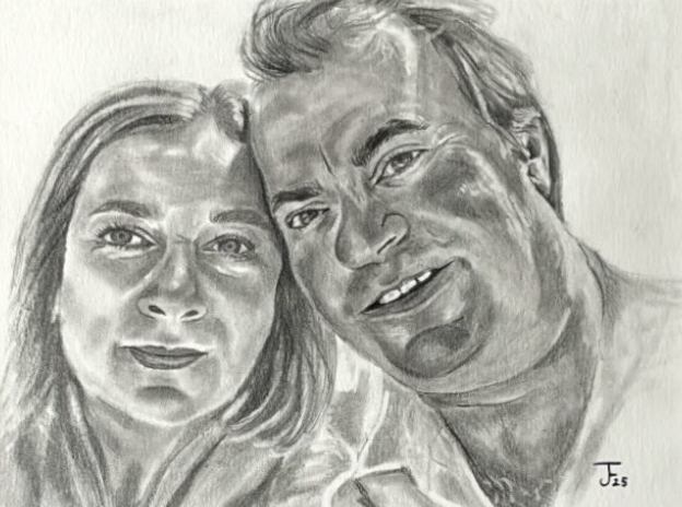 Graphite pencil portrait of two people leaning together, drawn from a photograph