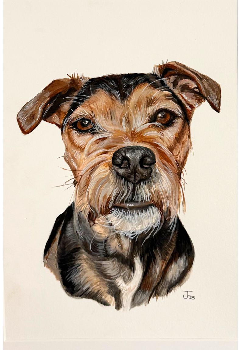 Acrylic portrait of a tan and black terrier, painted from a photograph